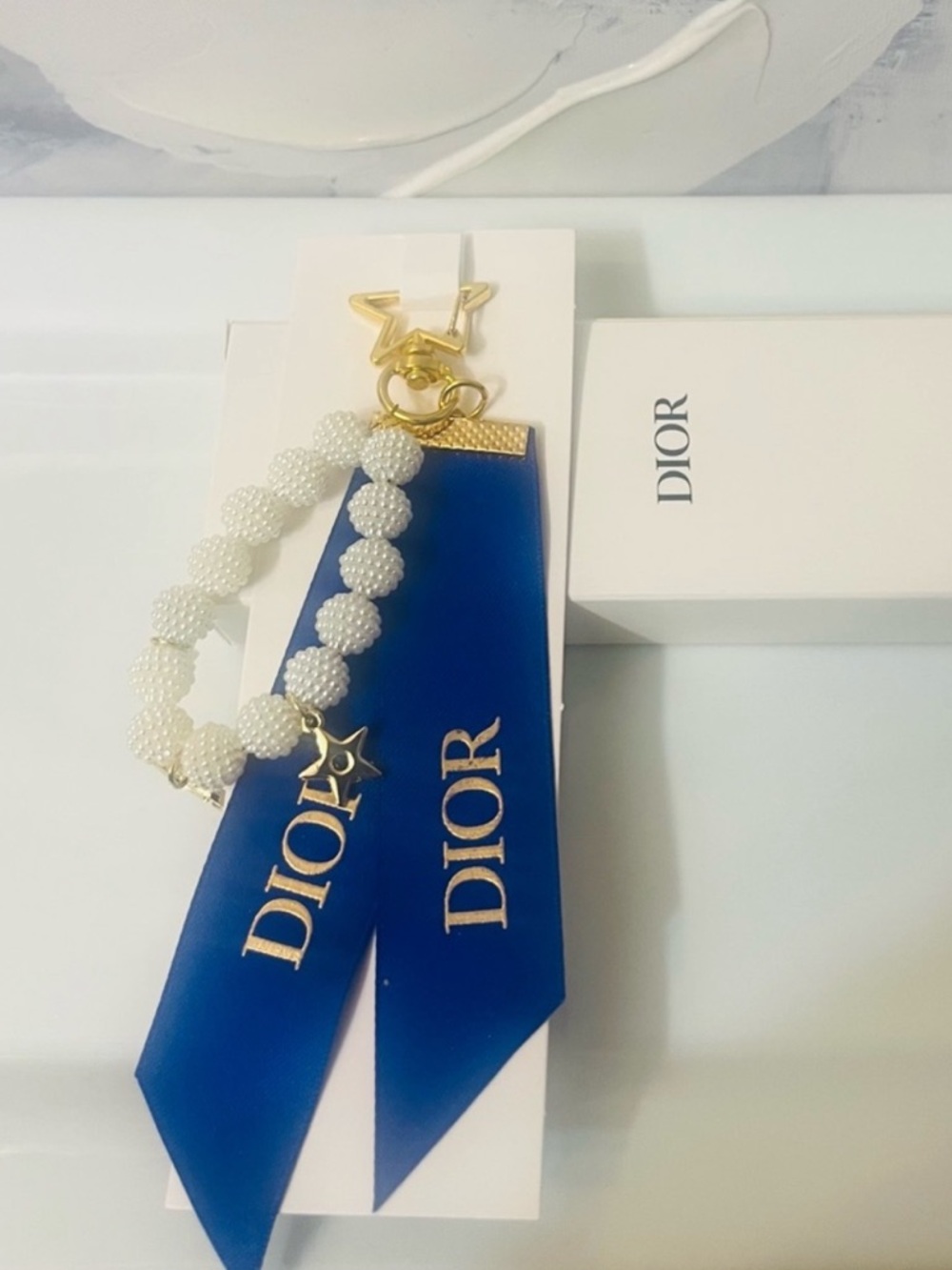NIB Dior Blue and White Beaded Keychain/Bag Charm
